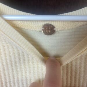 Free People Cream Ribbed V-Neck Long Sleeve Top